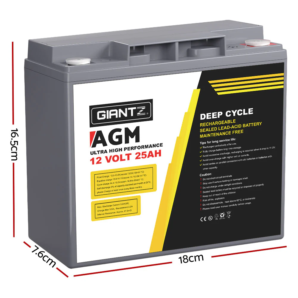 AGM Deep Cycle Battery 12V 25Ah Box Portable Solar Caravan Camping - Nurns