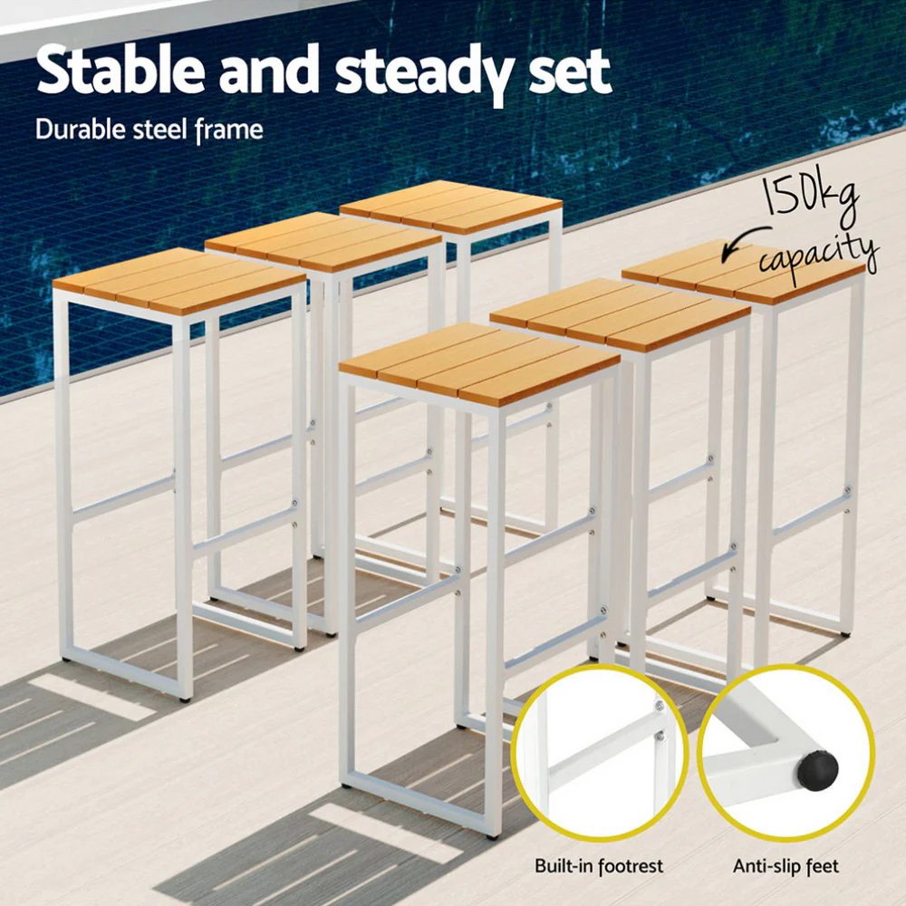 Ryker 6-Seater Bar Chairs Steel Stools Patio Table 7-Piece Outdoor Bistro Set - Wood - Nurns