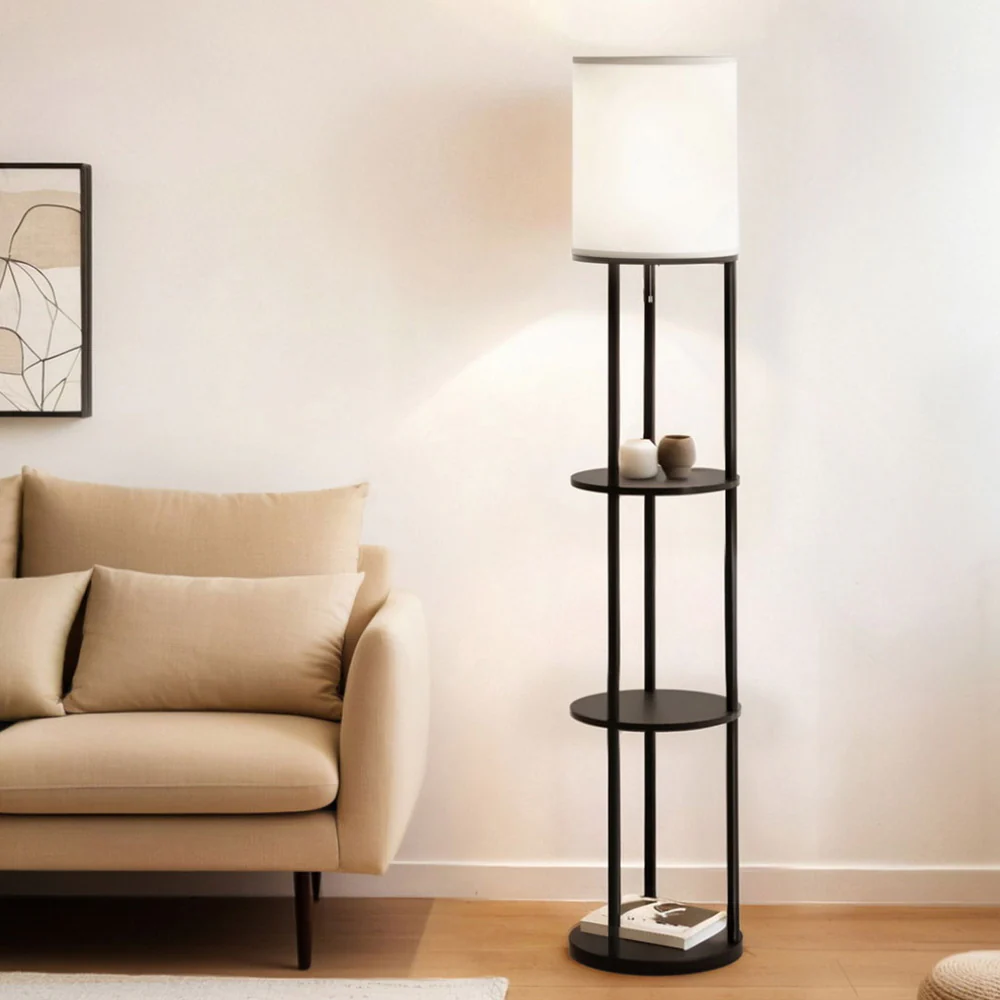 Floor Lamp 3 Tier Shelf Storage LED Light Stand Home Room Vintage - Round - Nurns