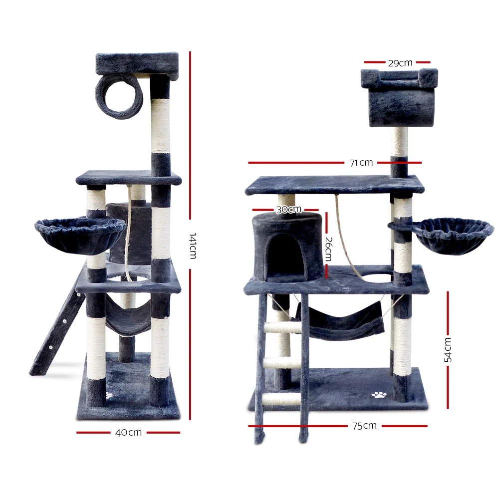 Cat Tree 141cm Trees Scratching Post Scratcher Tower Condo House Furniture Wood - Dark Grey - Nurns