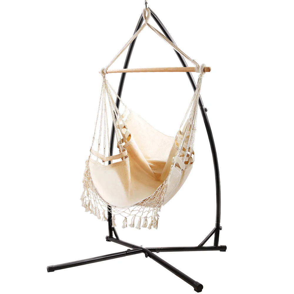 Hammock Chair with Steel Stand Hanging Outdoor Tassel - Cream - Nurns