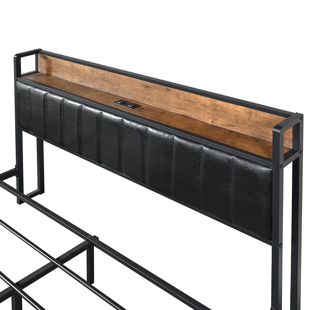 Fargo Bed Frame PU with 4 Drawers and USB Charger - Black Queen - Nurns