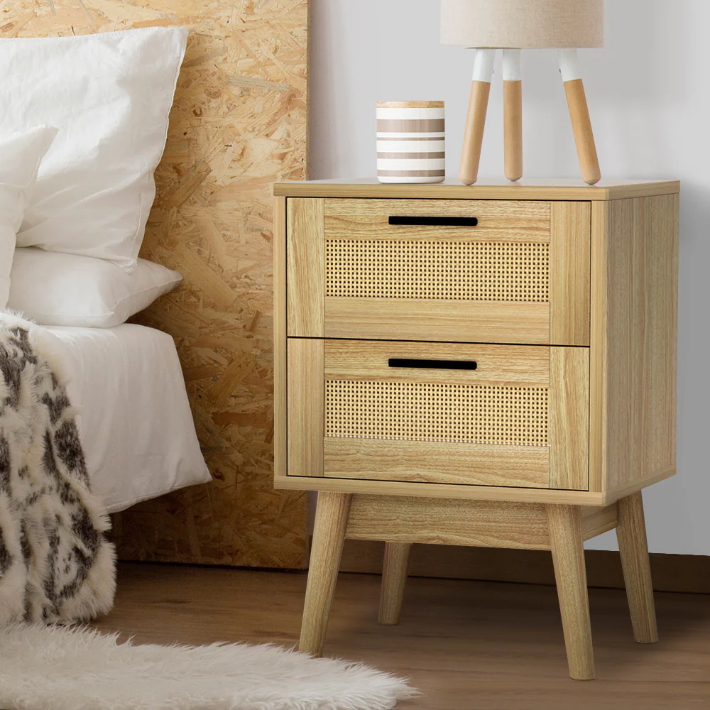 Simcoe Wood Rattan Bedside Tables Rattan Side Table Nightstand Storage Cabinet with 2 Drawers - Wood - Nurns