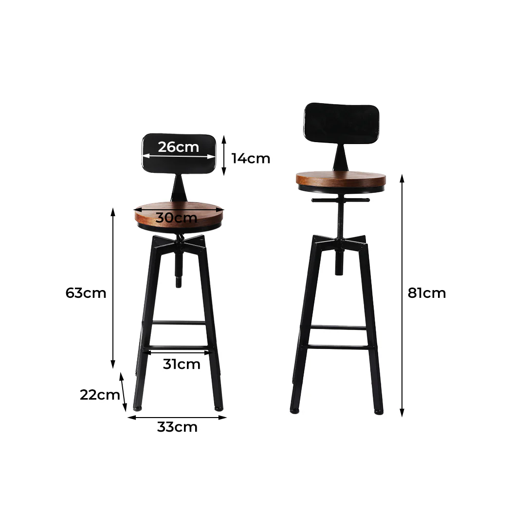 Set of 4 Marseille Industrial Bar Stools Chairs Kitchen Stool Wooden Barstools Swivel - Black & Wood - Nurns