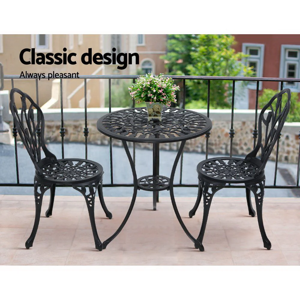 Ciaran 2-Seater Cast Aluminium Table Chair Patio 3-Piece Outdoor Setting - Black - Nurns