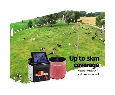 Electric Fence Energiser 3km Solar Powered Charger Set + 2000m Tape - Nurns