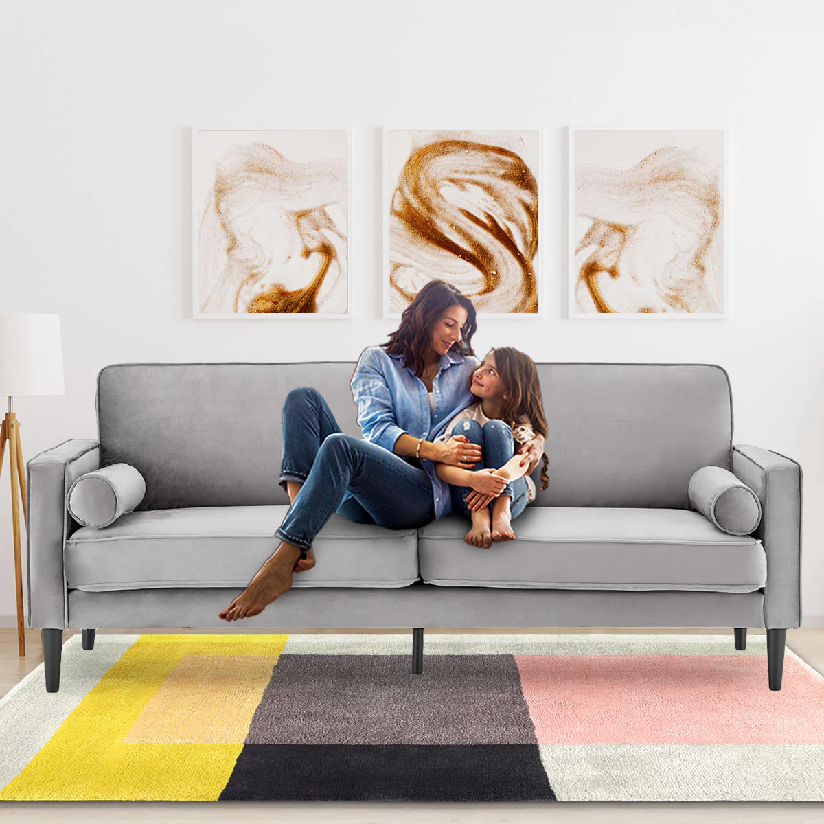 Melody 2-Seater Faux Velvet Suite Sofa Bed Lounge - Grey - Nurns