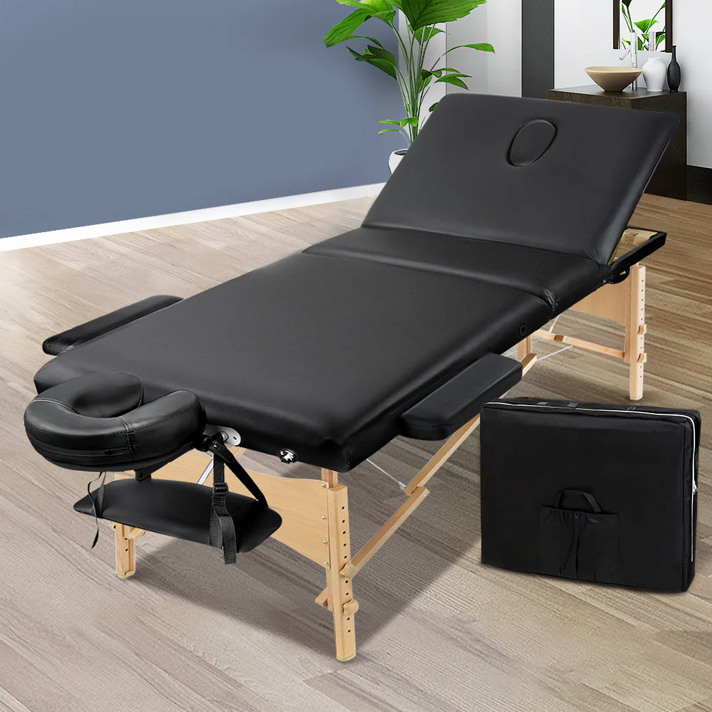 Massage Table 75cm 3 Fold Wooden Portable Beauty Therapy Bed Waxing Black - Nurns
