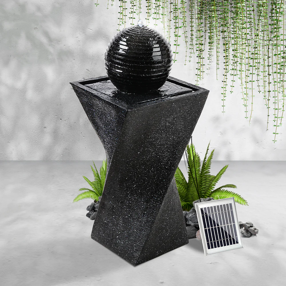 Solar Water Feature Twisted Fountain LED Light Bird Bath 85cm - Black - Nurns