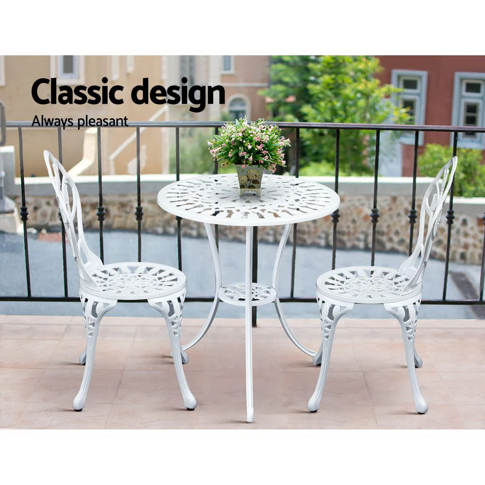 Ciaran 2-Seater Cast Aluminium Table Chair Patio 3-Piece Outdoor Setting - White - Nurns