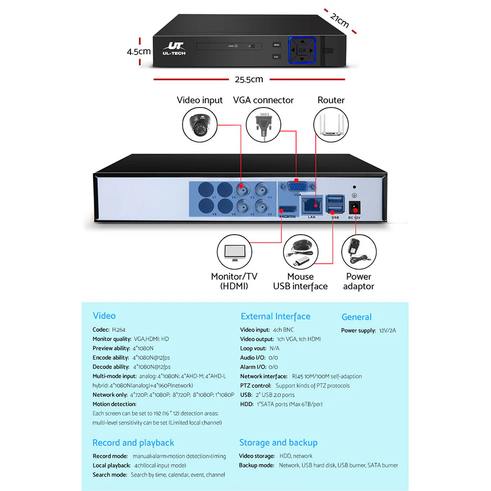 CCTV Security System 4CH DVR 4 Cameras 1080p - Nurns