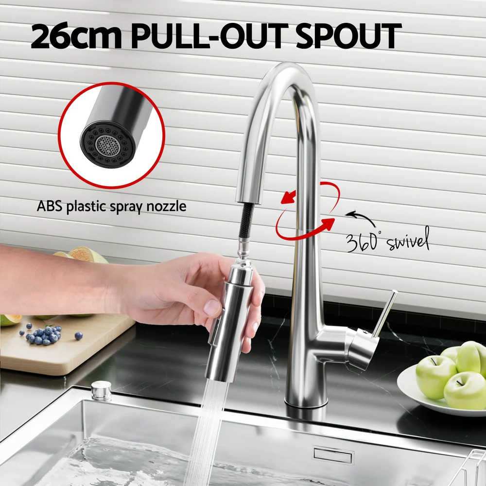 Kitchen Mixer Tap Pull Out Round 2 Mode Sink Basin Faucet Swivel -Chrome - Nurns