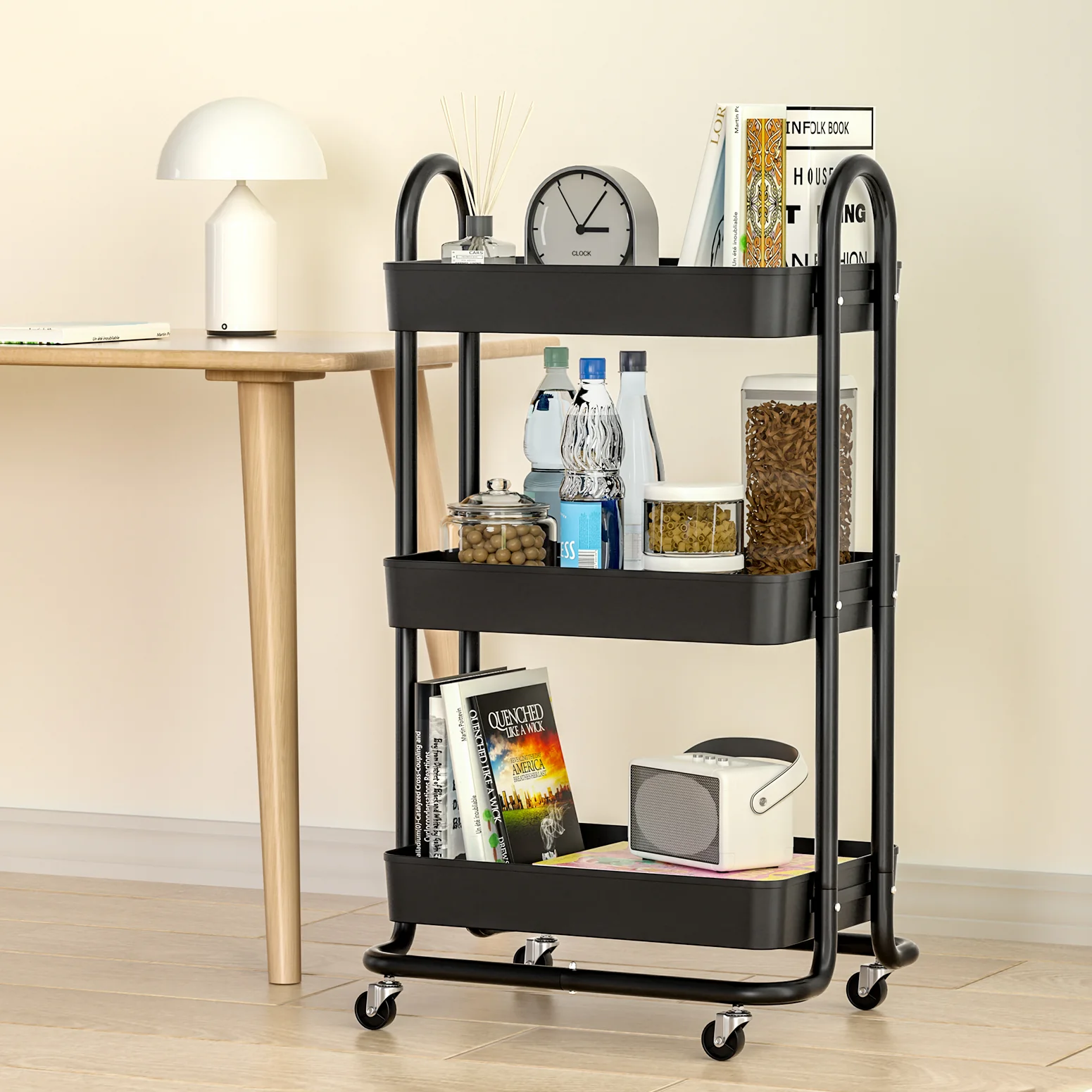 Storage Trolley Kitchen Cart 3 Tiers Rack Shelf Organiser Wheels Black - Nurns