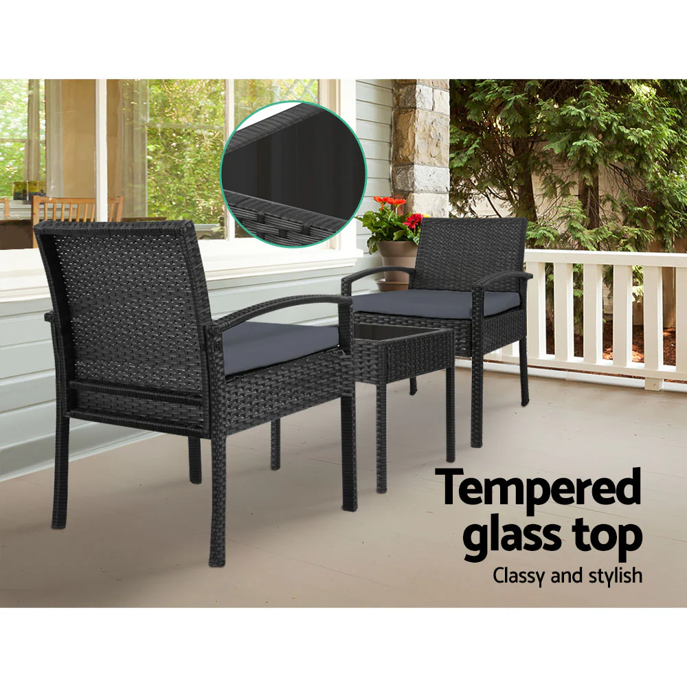 Harold 2-Seater Furniture 3-Piece Outdoor Setting - Black - Nurns