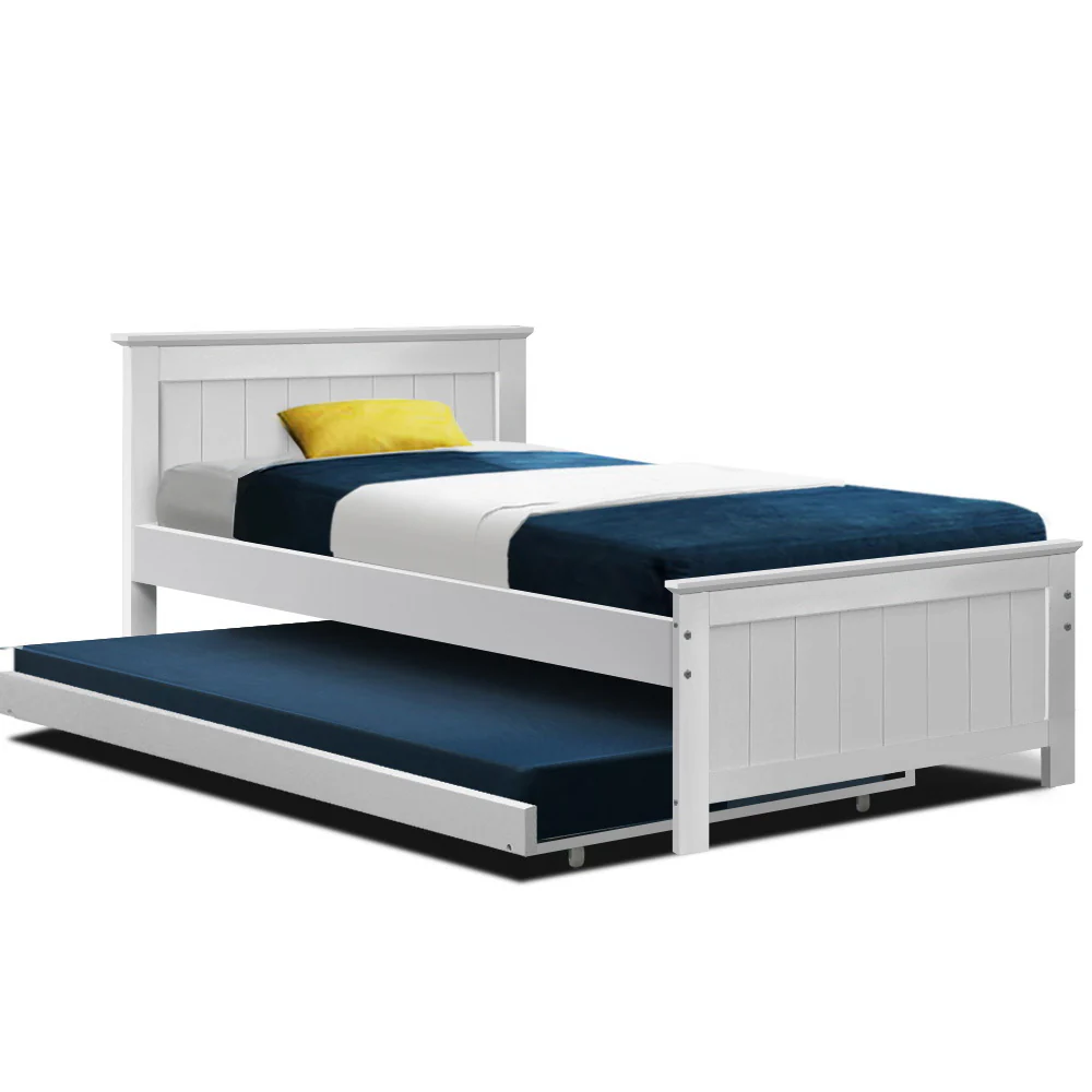 Trudy Trundle Bed Frame Timber Slat - White King Single - Nurns