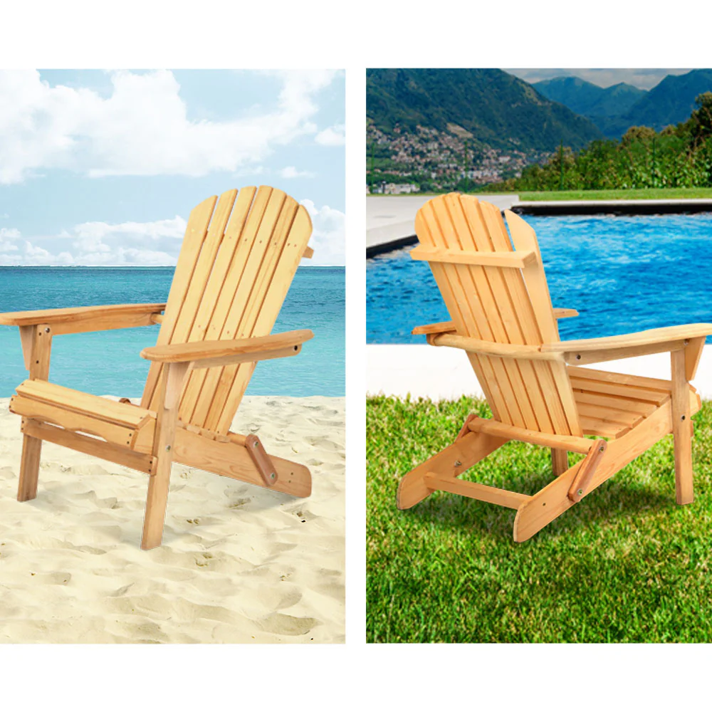 Adirondack Gardeon 3PC Outdoor Table and Chairs Wooden Foldable Beach Chair Natural - Nurns
