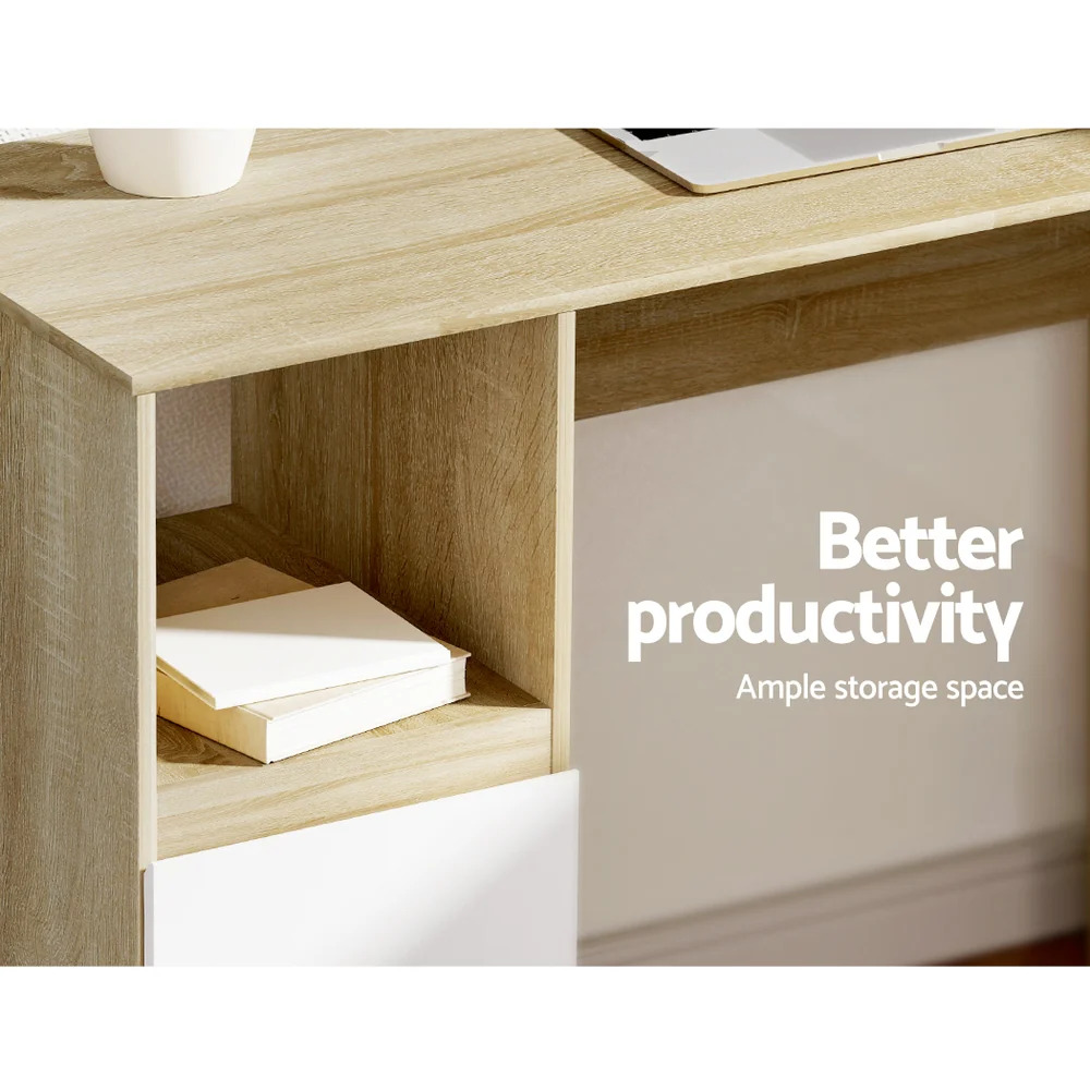 Artiss Computer Desk Drawer Cabinet L-Shape Oak 136cm - Nurns