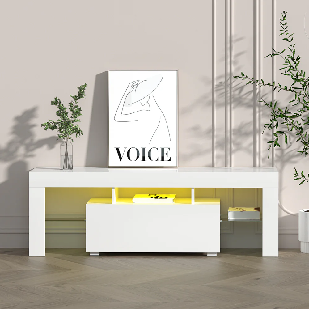 Espen 130cm TV Cabinet Entertainment Unit Stand RGB LED Gloss Furniture - White - Nurns