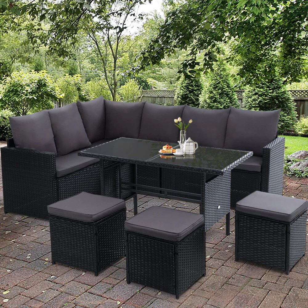 David 9-Seater Furniture Dining Lounge Wicker 5-Piece Outdoor Sofa - Black - Nurns