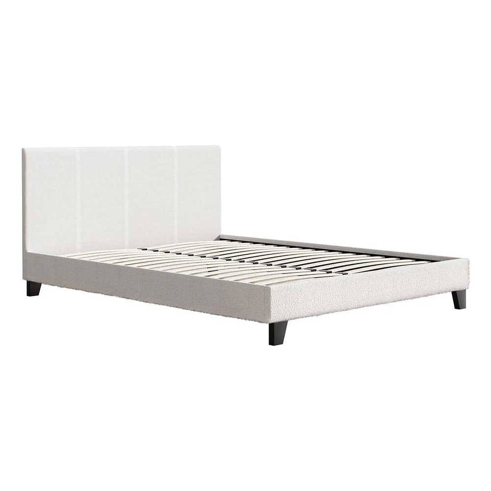 Sean Bed Frame Fabric Bouclé Platform Wooden - White Queen - Nurns