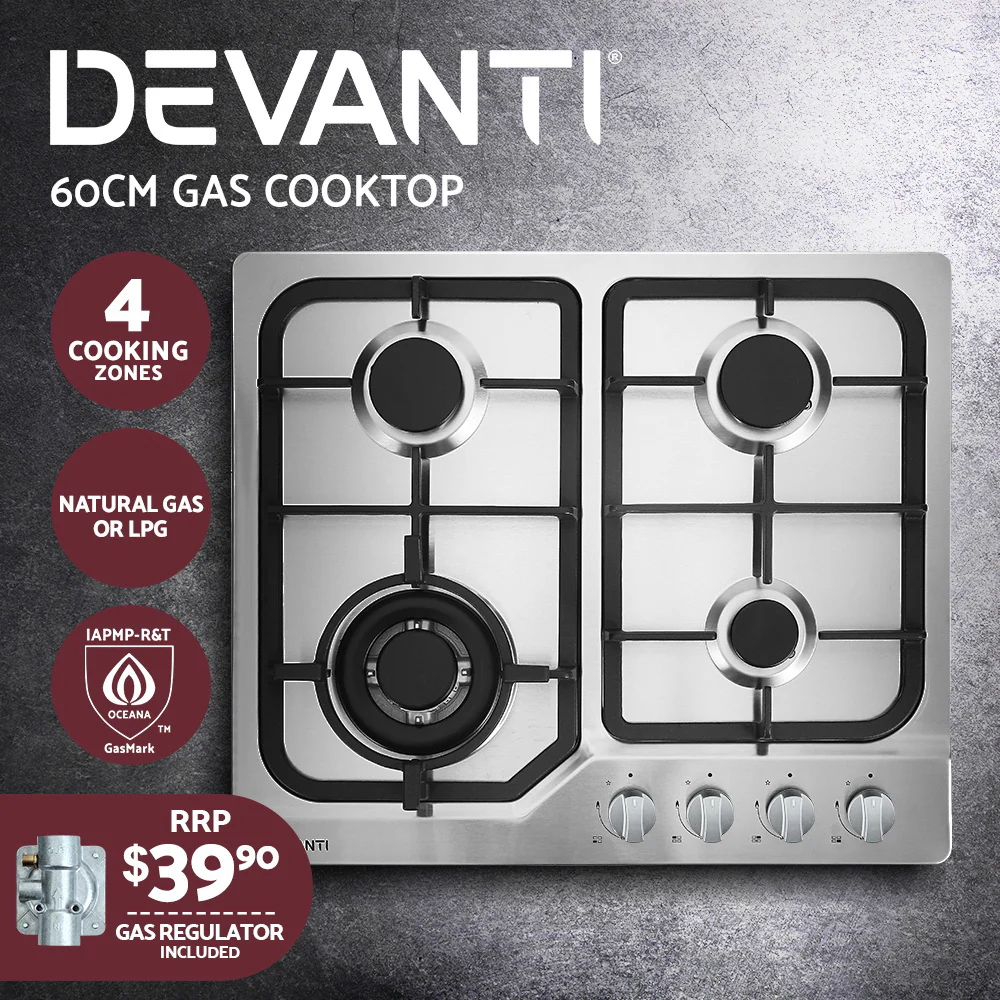 Devanti Gas Cooktop 60cm 4 Burner Silver - Nurns