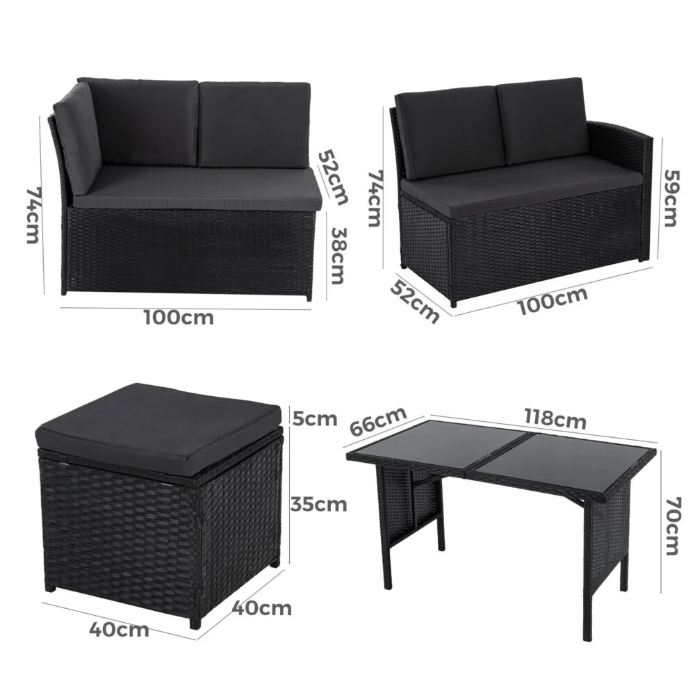 Jules 8-Seater Modular Garden Lounge with Table and Stools 6-Piece Dining Set - Black - Nurns