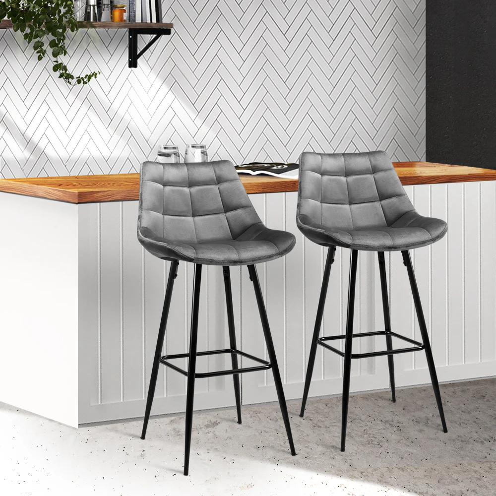 Set of 2 Loures Velvet Bar Stools - Grey - Nurns