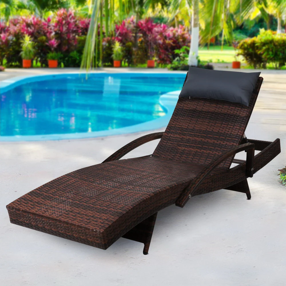 Silsden Outdoor Sun Lounge Wicker with Armrest Chair and Pillow - Brown - Nurns