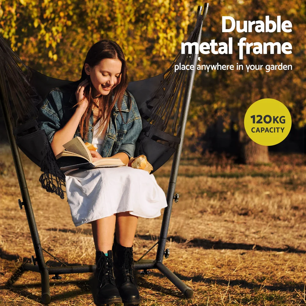 Hammock Chair Outdoor Camping Hanging with Stand 150x90cm - Grey - Nurns