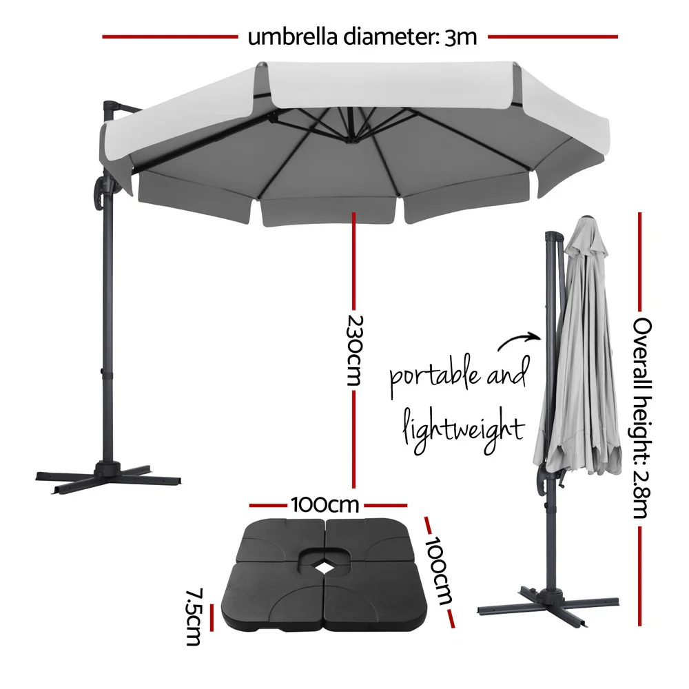Instahut 3m Outdoor Umbrella w/Base Cantilever Beach Roma 360 Degree Tilt Grey - Nurns