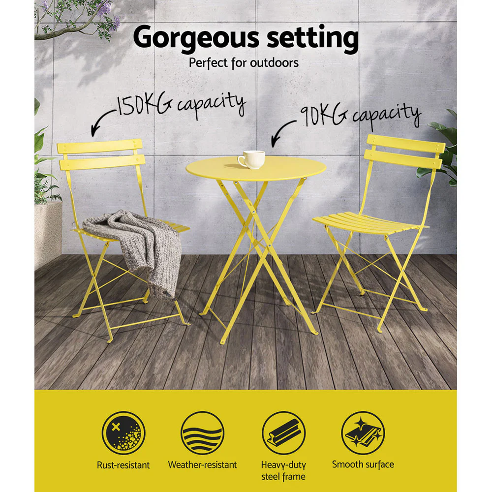 Andre 2-Seater Steel Table and Chairs Patio Furniture 3-Piece Outdoor Bistro Set - Yellow - Nurns