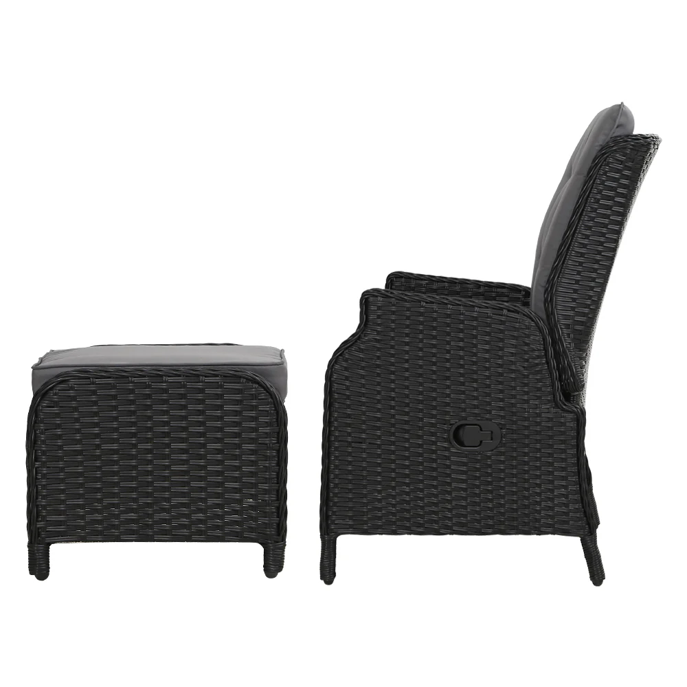 Yeovil Set of 2 Recliner Chair Outdoor Furniture Setting Patio Wicker Sofa Chair and Ottoman - Black - Nurns