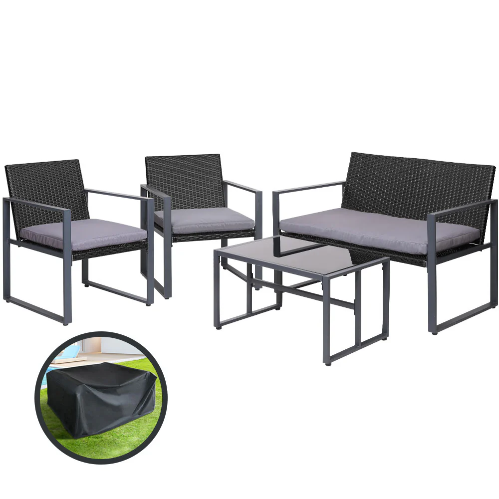 Ronald 4-Seater Rattan Furniture Chairs 4-Piece Outdoor Sofa Set with Storage Cover - Black - Nurns
