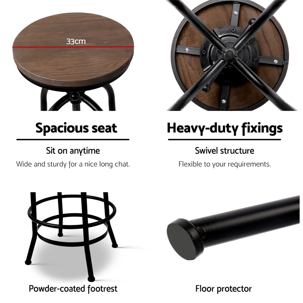 90cm Lamia Bar Stool Industrial Round Seat Wood Metal - Black & Brown - Nurns