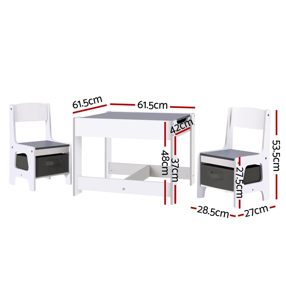 Pheby 3-Piece Kids Table & Chairs Set Play Activity Toys Storage Chalkboard Desk - Grey - Nurns