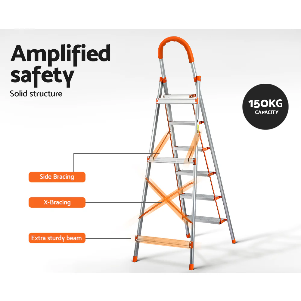 6 Step Ladder Multi-Purpose Folding Aluminium Light Weight Non Slip Platform - Nurns