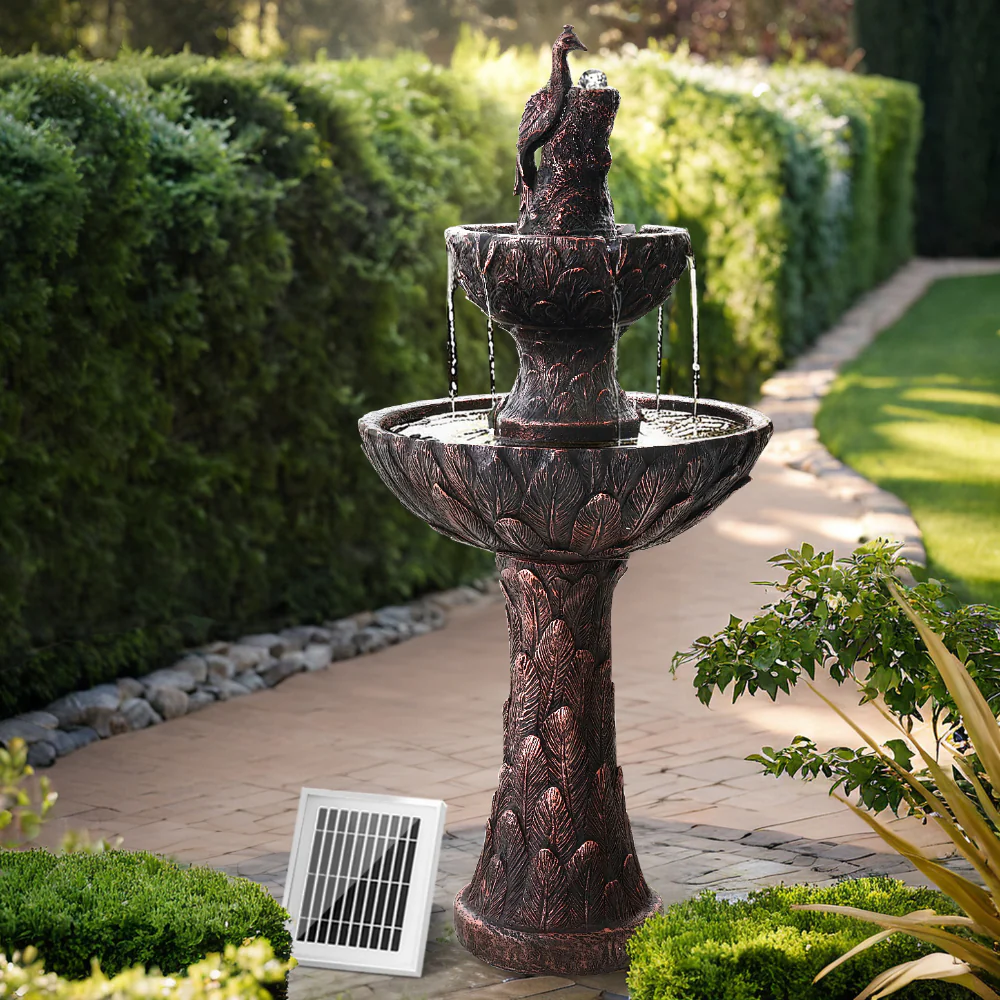 Solar Water Feature Tier Fountain with Pump Kit Bird Bath 106cm - Peacock - Nurns