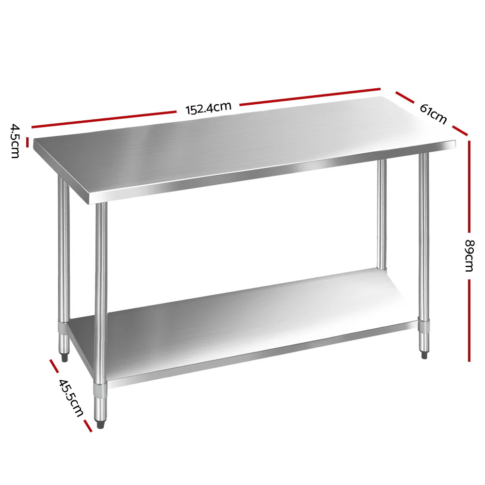 610x1524mm Commercial Stainless Steel Kitchen Bench - Nurns