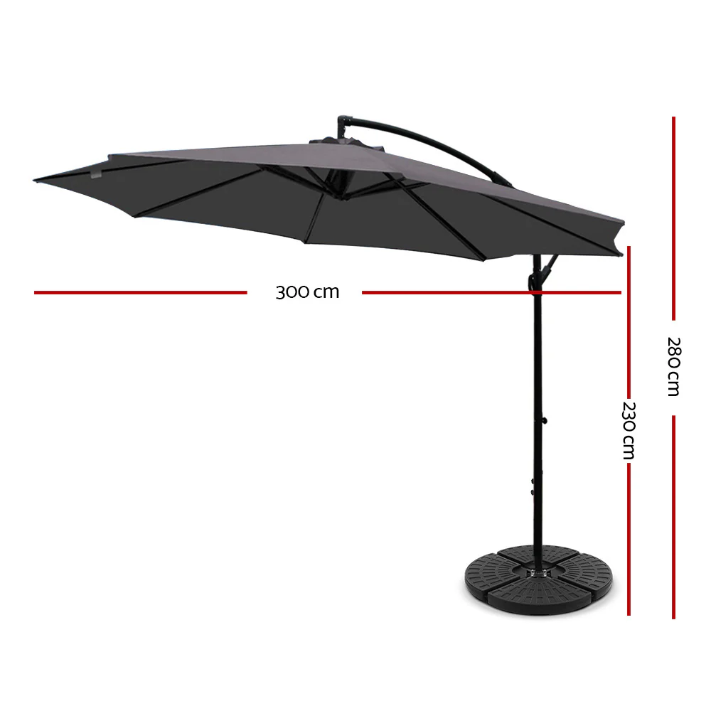 Instahut 3m Outdoor Umbrella w/Base Cantilever Beach Garden Patio Charcoal - Nurns