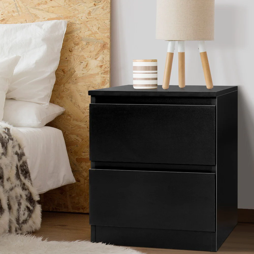 Kenora Wooden Bedside Tables Side Table Bedroom Furniture Nightstand Lamp with 2 Drawers - Black - Nurns