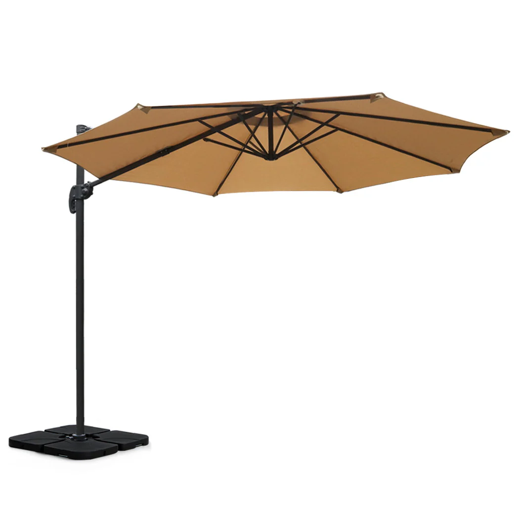 Instahut 3m Outdoor Umbrella w/Base Cantilever Beach Roma 360 Degree Tilt Beige - Nurns