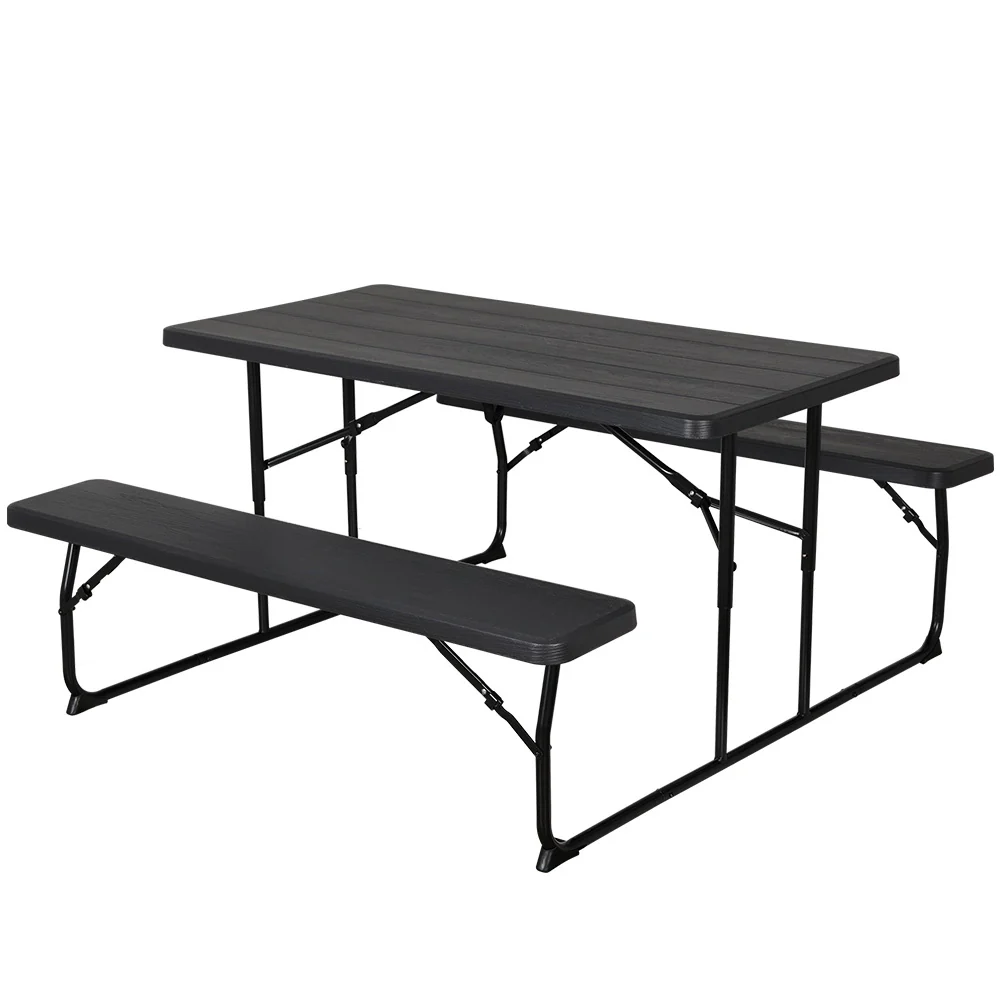 Holden 4-Seater Picnic Patio Bench Camp Folding Table 3-Piece Outdoor Dining Set - Black - Nurns