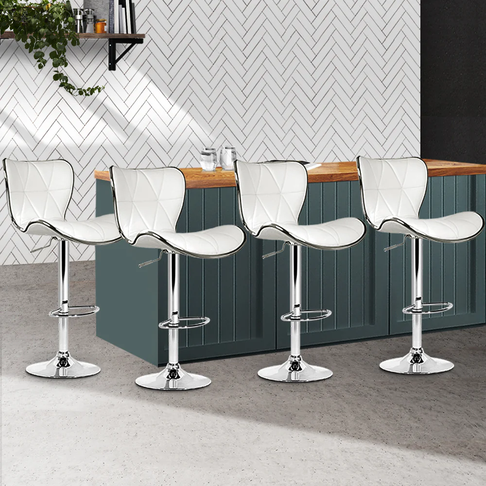 Set of 4 Liosia PU Leather Patterned Bar Stools - White & Chrome - Nurns