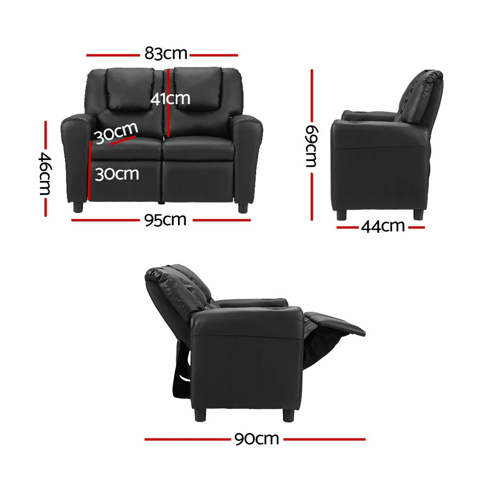 Primy Kids Recliner Chair Double PU Leather Sofa Lounge Couch Armchair - Black - Nurns