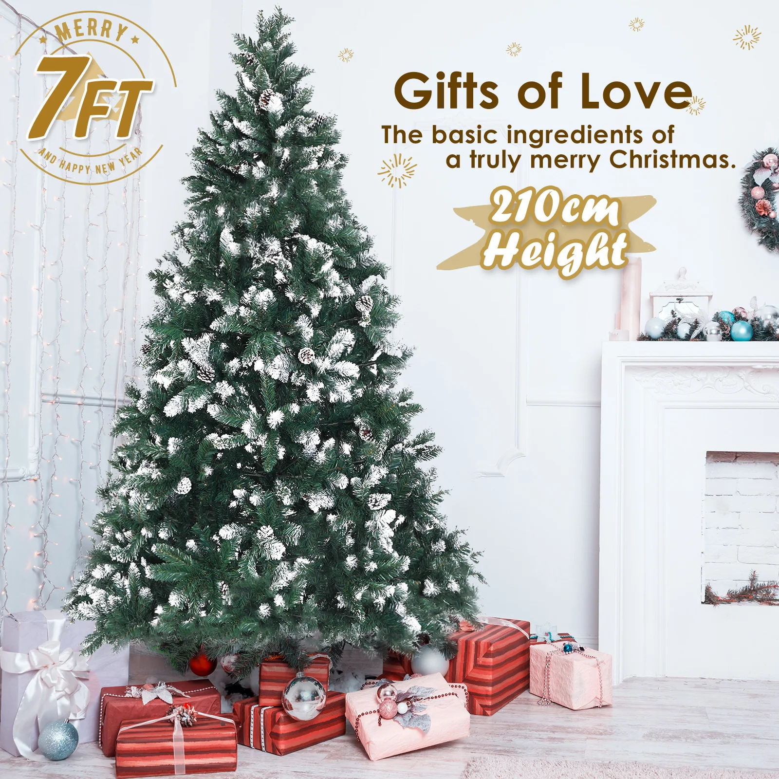 7ft 2.1m 1290 Tips Snowy Christmas Tree Xmas Pine Cones Green - Nurns