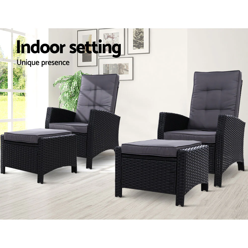Dursley Set of 2 Recliner Chair Outdoor Furniture Setting Patio Wicker Sofa Chair and Ottoman - Black - Nurns