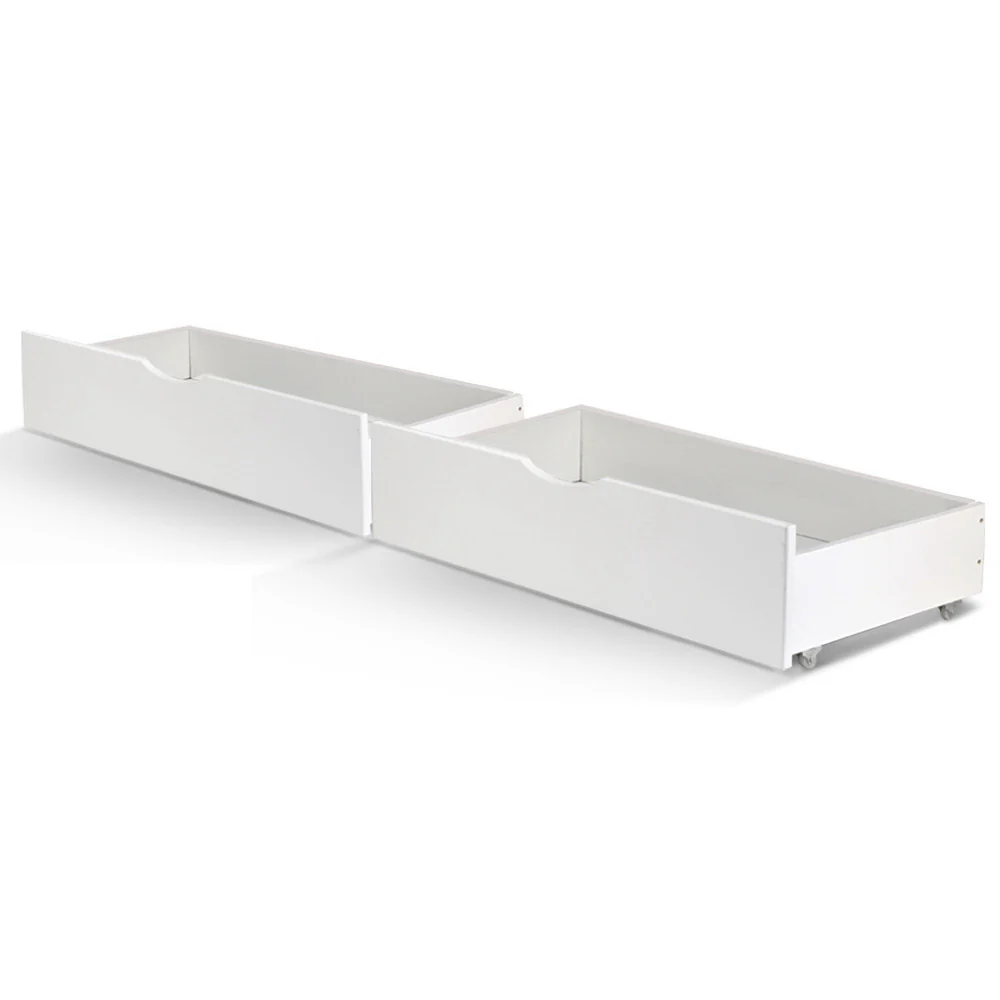 Isaac Set of 2 Bed Frame Storage Drawers Timber Trundle for Wooden Bed Frame Base - White - Nurns