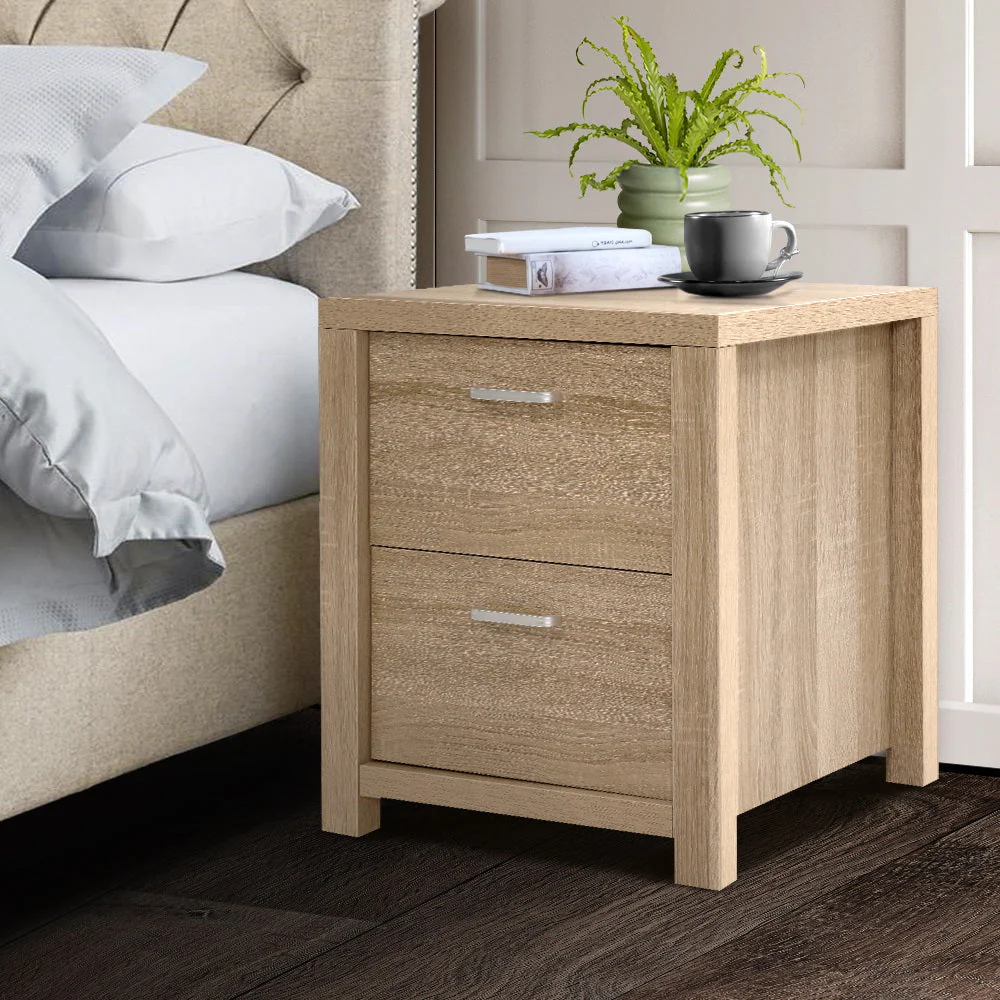 Harlech Queen Bedroom Suite 5 Piece 1x Queen Mattress, 1x Queen Fabric Bed Frame, 2x Wooden Bedside Tables and 1x Tallboy - Nurns