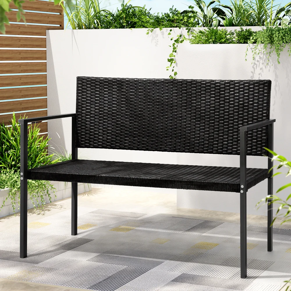 Fritz 2-Seater Outdoor Garden Bench Seat Rattan Chair Steel Patio Furniture Park - Black - Nurns