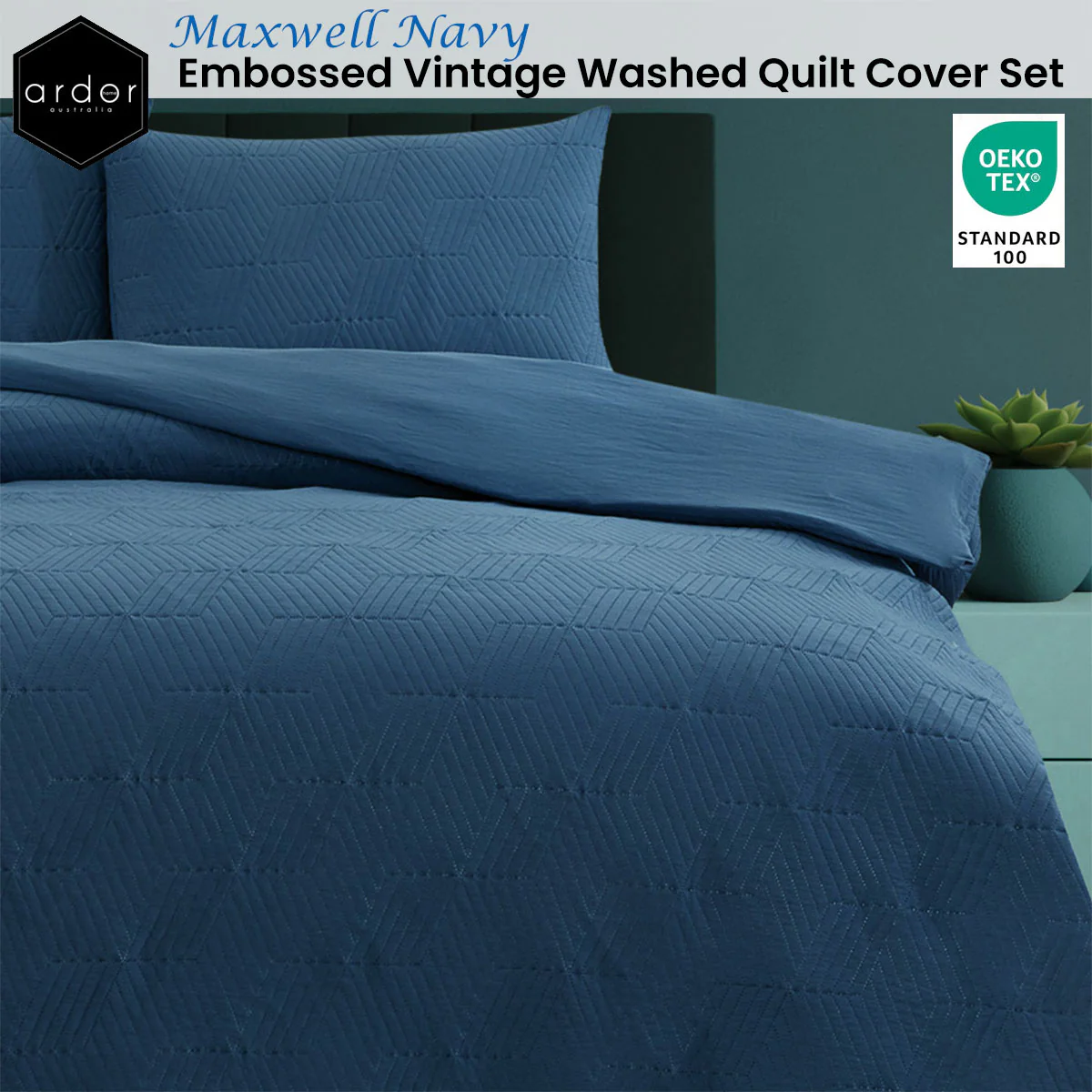 KING Embossed Vintage Washed Quilt Cover Set - Navy - Nurns